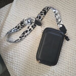Black Crossbody Bag with Animal Print Strap